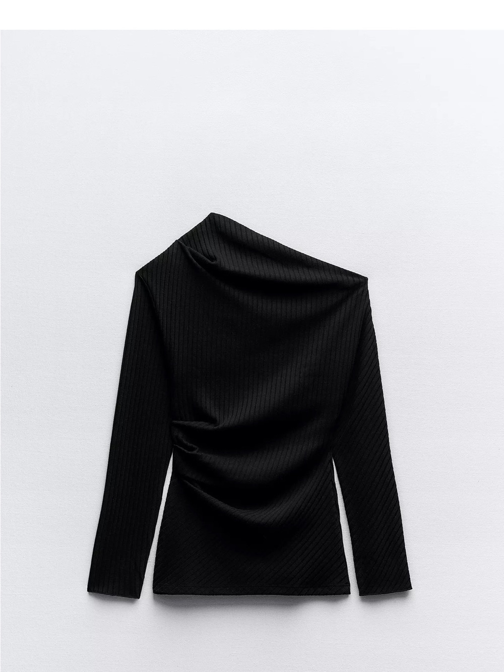 Zara Black Asymmetric One-Shoulder Ribbed Top-